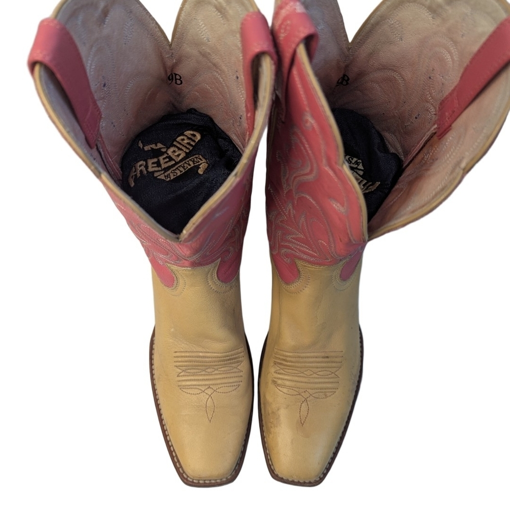 Ariat Women Tan Pink Leather Square Toe Western Boots Style 15881 Size 9 B - Picture 3 of 11